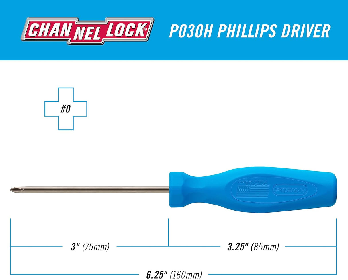 CHANNELLOCK P030H #0 x 3-inch Professional Phillips Screwdriver, Precision Machined Non-Magnetic, Made in USA, Molded Tri-Lobe Grip