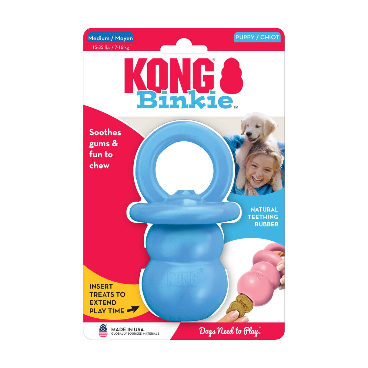 KONG Puppy Binkie - Pacifier Dog Toy for Puppies - Stuffable Chew Toy for Puppy Playtime - Durable Natural Rubber Dog Treat Toy for Teething Puppy - for Small Puppies - Blue