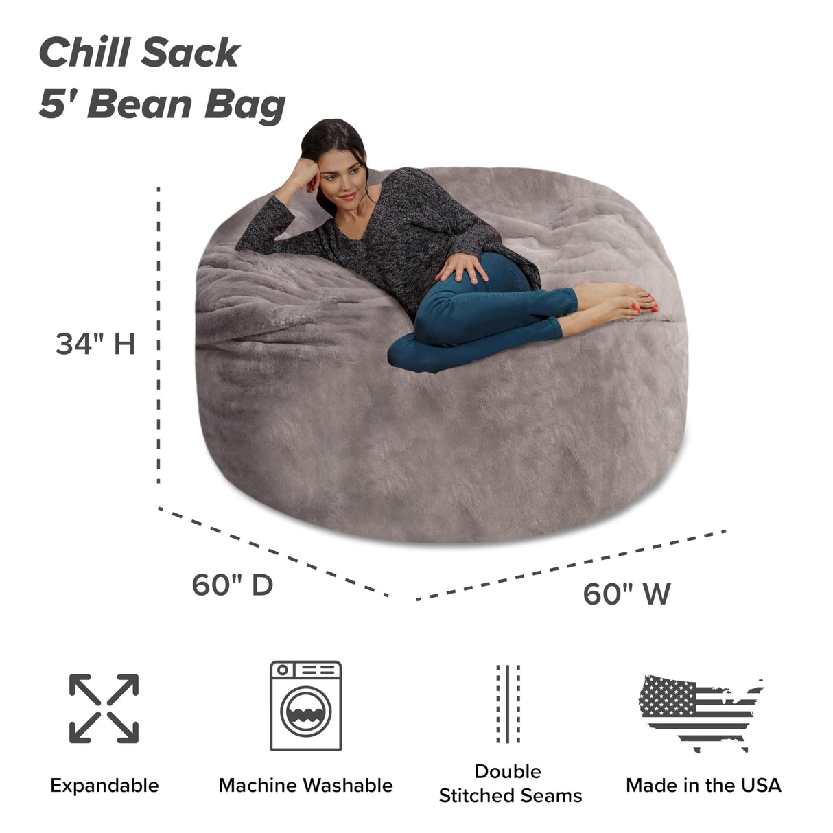 Chill Sack Bean Bag Chair: Giant 5' Memory Foam Furniture Bean Bag - Big Sofa with Soft Micro Fiber Cover - Black