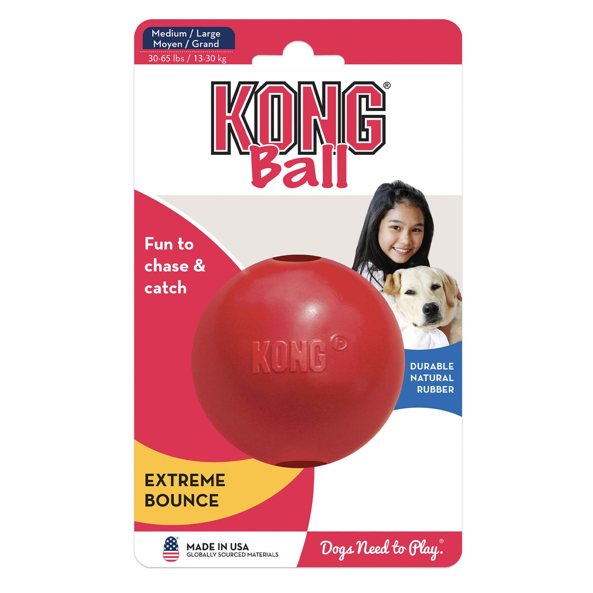 KONG Ball with Hole - Dog Fetch Toy - Durable Dog Ball Toy for Training, Interactive Playtime & More - Natural KONG Classic Rubber Ball for Dogs - Red, For Large/Medium Dogs