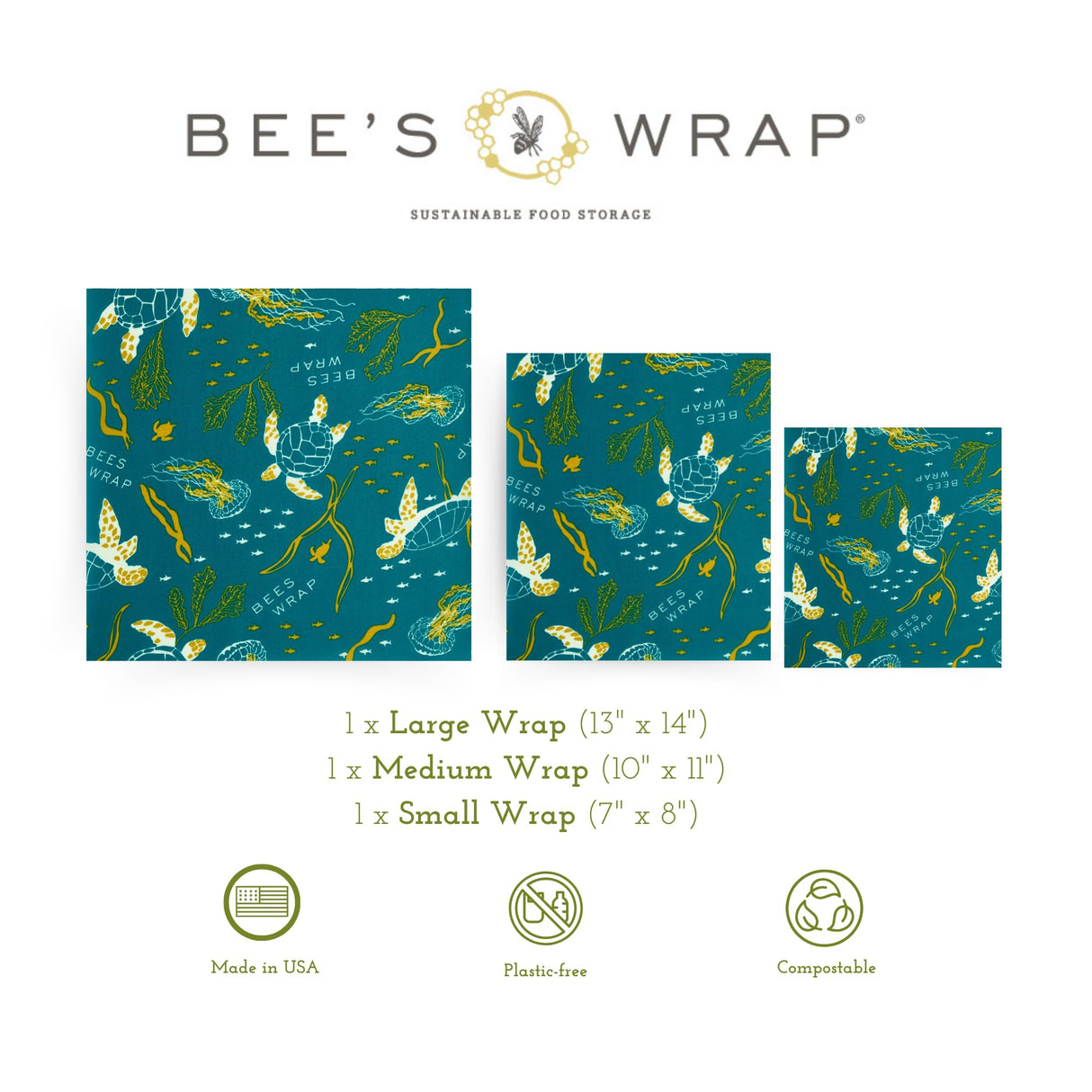 Bee's Wrap Reusable Beeswax Food Wraps Made in The USA, Eco Friendly Beeswax Wraps for Food, Sustainable Food Storage Containers, Organic Cotton Food Wraps, Assorted 3 Pack (S, M, L), Honeycomb