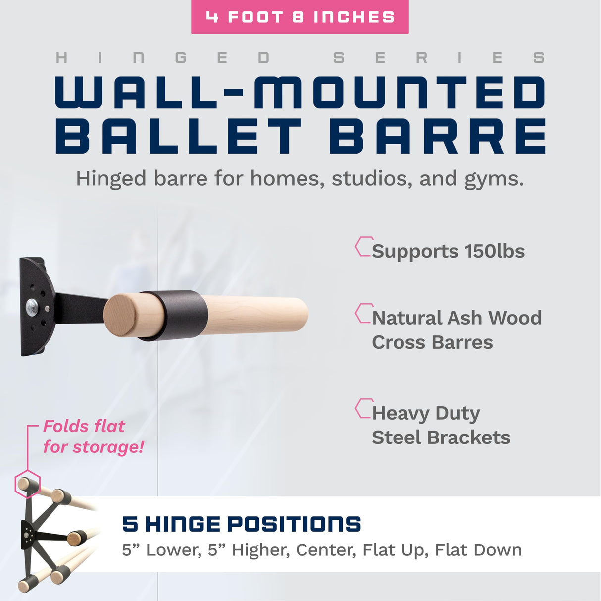 VITA Barre Wall-Mounted Single Ballet Barre, Traditional, Wood and Aluminum | Hinged Height, Made in USA, Home, Studio or Gym Exercise Equipment for Kids & Adults | Dance, Fitness, Pilates