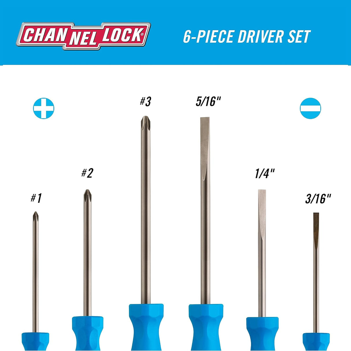 CHANNELLOCK SD-6H 6 Piece Professional Screwdriver Set, Magnetic Tip, Made in USA, Molded Tri-Lobe Grip