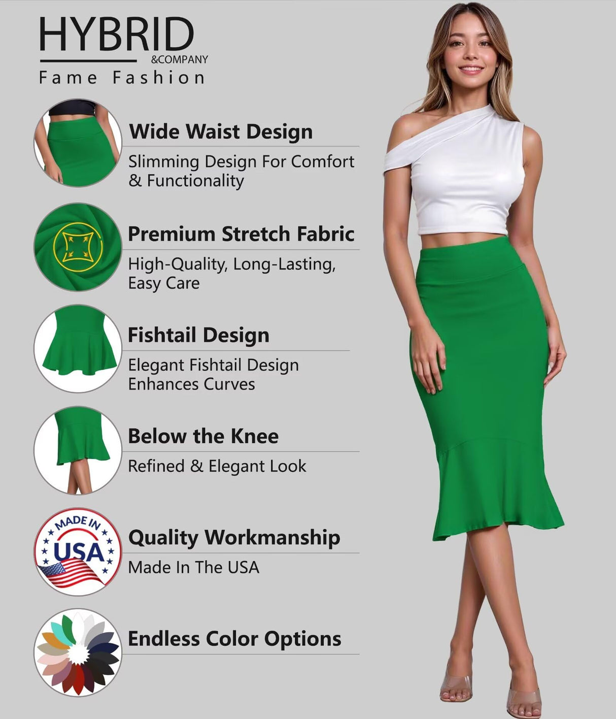 Hybrid & Company Womens Premium Nylon Ponte Stretch Office Fishtail Pencil Skirt High Waist Made in The USA Below Knee