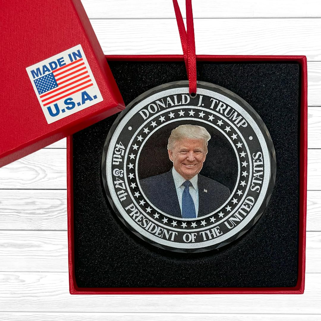 Trump Christmas Ornaments 2024 - Donald Trump Ornament - Glass Christmas Tree Decoration - 45-47 Make America Great Again Hat President Donald Trump Merchandise MAGA Supporters (White)