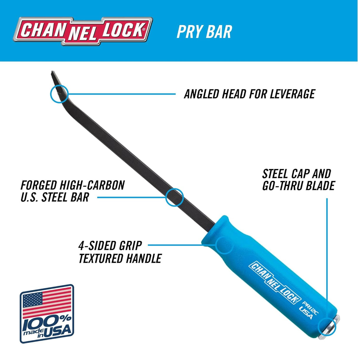 CHANNELLOCK 1/2 x 4-inch Professional Pry Bar, 8-inch Overall Length, Made in USA, Molded 4-Sided Textured Grip