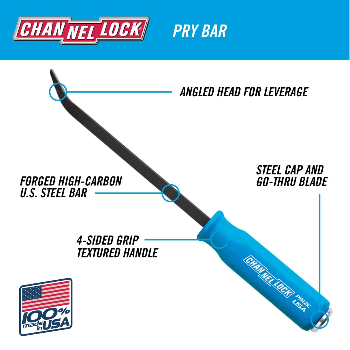 CHANNELLOCK 5/8 x 12-inch Professional Pry Bar, 17-inch Overall Length, Made in USA, Molded 4-Sided Textured Grip
