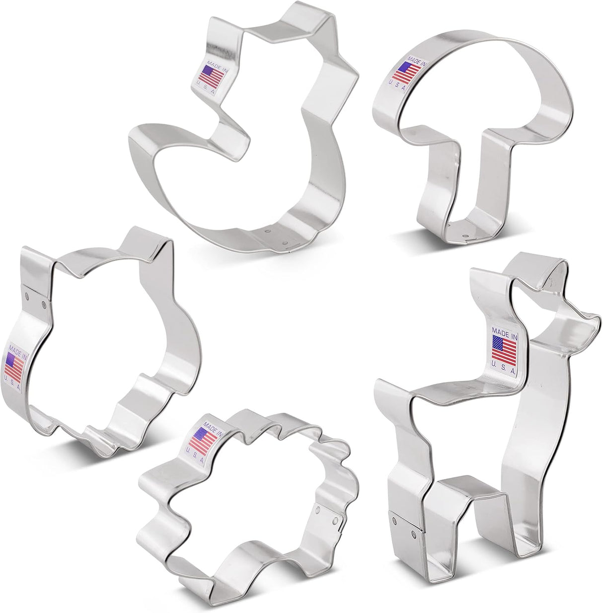 Woodland Cookie Cutters 5-Pc. Set Made in USA by Ann Clark, Fox, Deer, Owl, Hedgehog, Mushroom