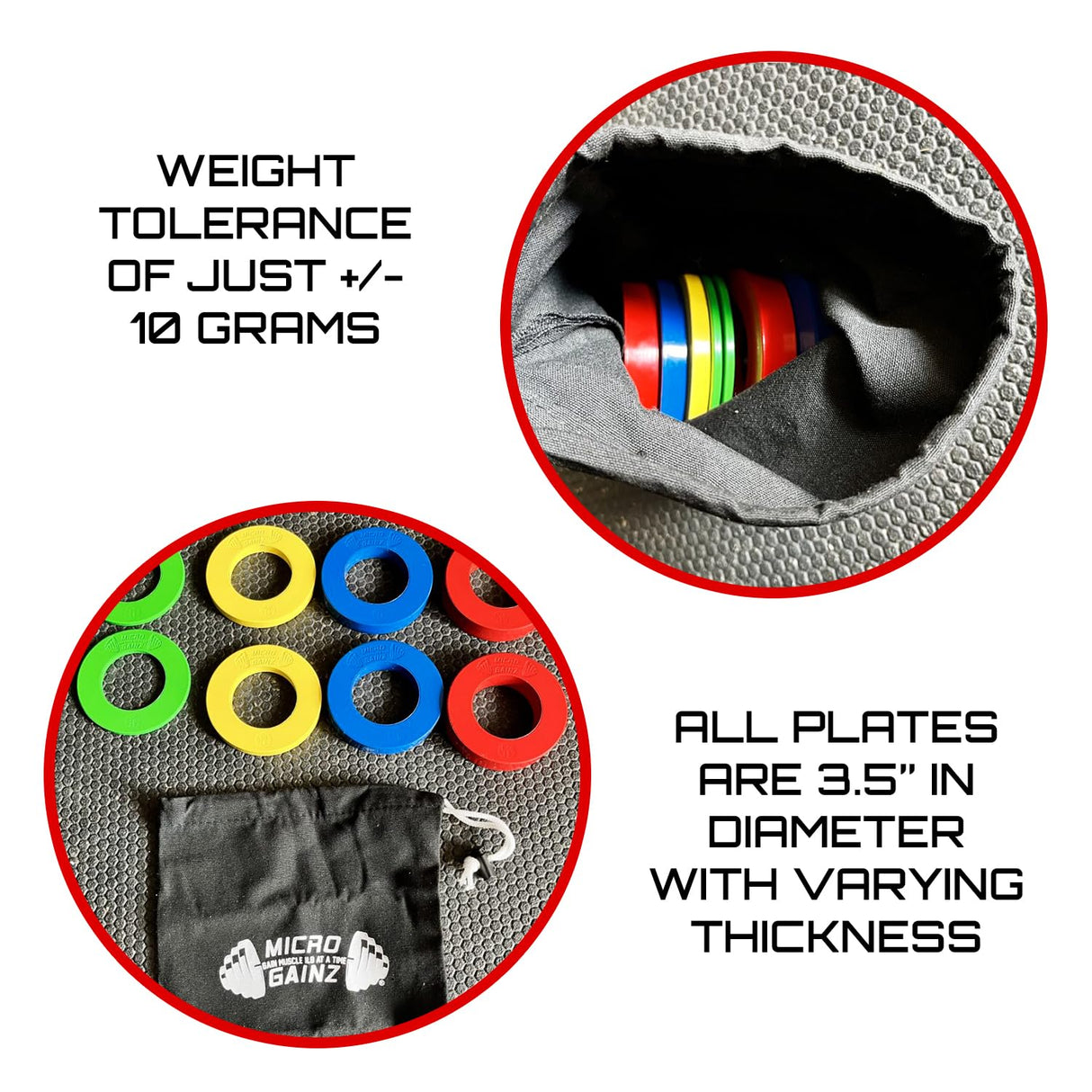 Micro Gainz Calibrated Fractional Weight Plates Set, 8 Piece Olympic Weight Plates Set with Bag, Designed for Olympic Barbells for Strength Training and Micro Loading, Made in USA
