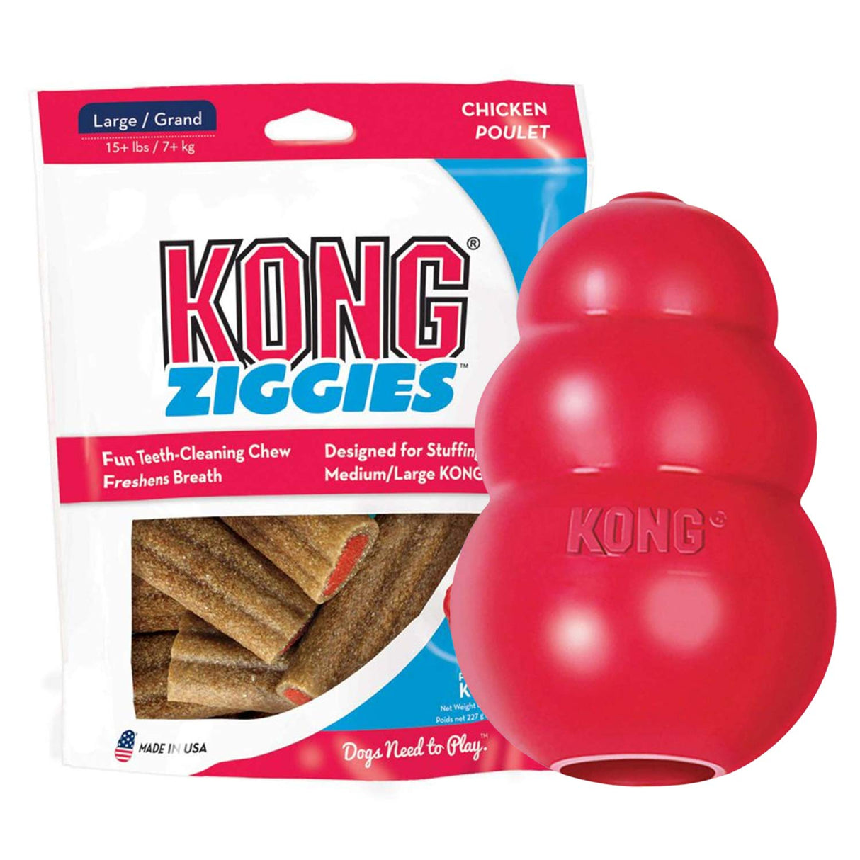 KONG Classic Toy & Ziggies Treats Combo Pack - Durable Chew Toy for Dogs - with Ziggies Chicken-Flavored Treats - Dog Accessories for Fun & Health - for Small Dogs