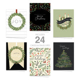 Painted Kraft Style Holiday Cards / 24 Modern Christmas Note Cards With White Envelopes / 4 5/8" x 6 1/4" Illustrated Faux Kraft Greeting Cards / 6 Cheery Winter Designs/Made In The USA