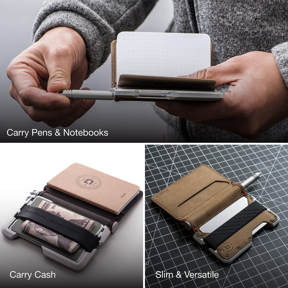 Dango Slim Minimalist Wallet for Men - RFID Blocking - Bifold, with Pen and Notebook