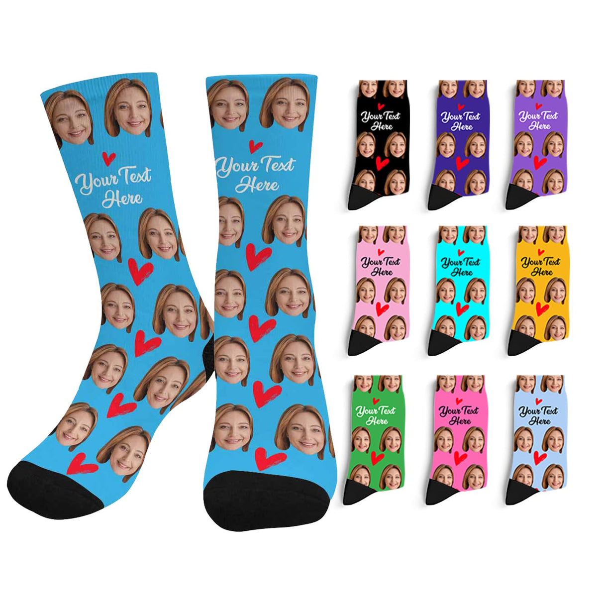 Custom Face Socks with Photo Novelty Crew Socks, Personalized Red Hearts Unisex Crew Sock Gifts for Men Women Made in USA