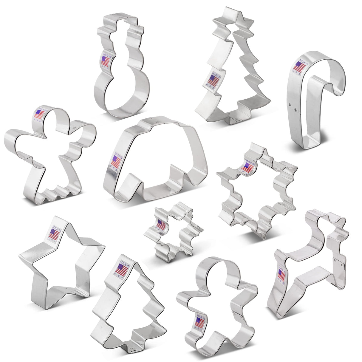 Winter Christmas Cookie Cutters 11-Pc. Set Made in the USA by Ann Clark, Gingerbread Boy, Christmas Tree, Reindeer, Snowflake, Snowman and more