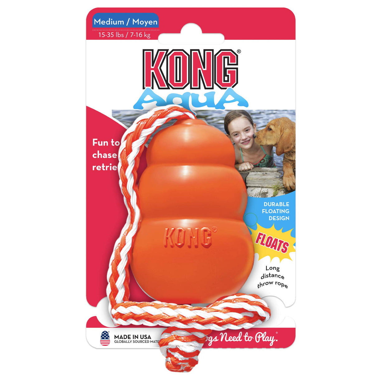 KONG Aqua Floating Fetch Toy - Dog Floating Toy for Water Retrieval, Play, Exercise & More - Natural Rubber Dog Toy with Foam Interior & Rope for Farther Throwing - Orange, for Large Dogs