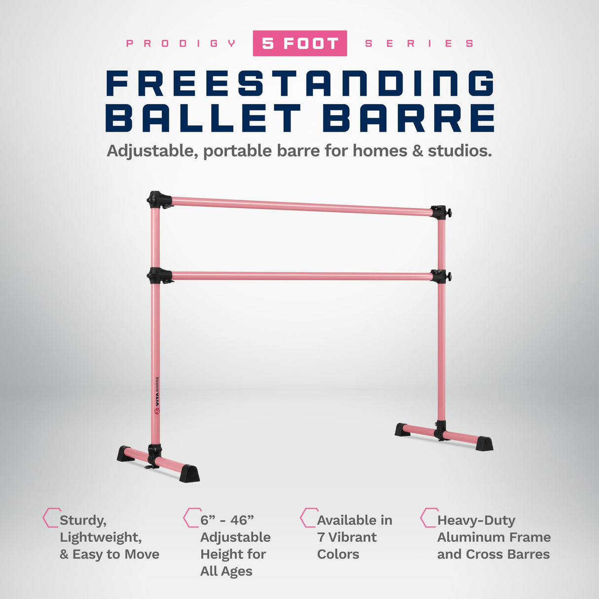 VITA Barre Portable Freestanding Double Ballet Barre, Prodigy, Aluminum | Adjustable Height, USA Made, Home or Gym Exercise Equipment for Kids & Adults | Dance, Fitness, Pilates