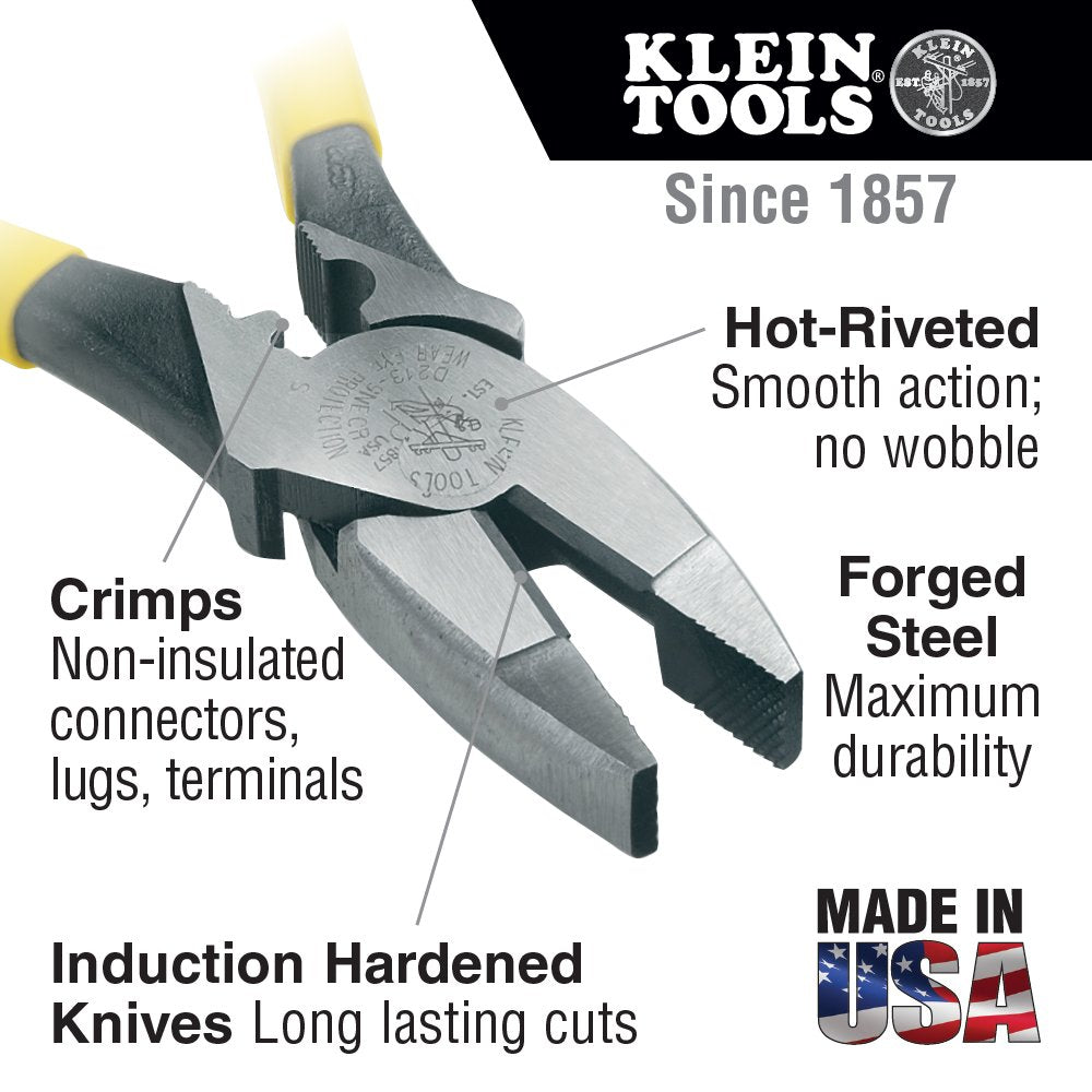 Klein Tools J2000-9NECRTP Side Cutter Linemans Pliers with Tape Pulling and Wire Crimping, High Leverage, 9-Inch