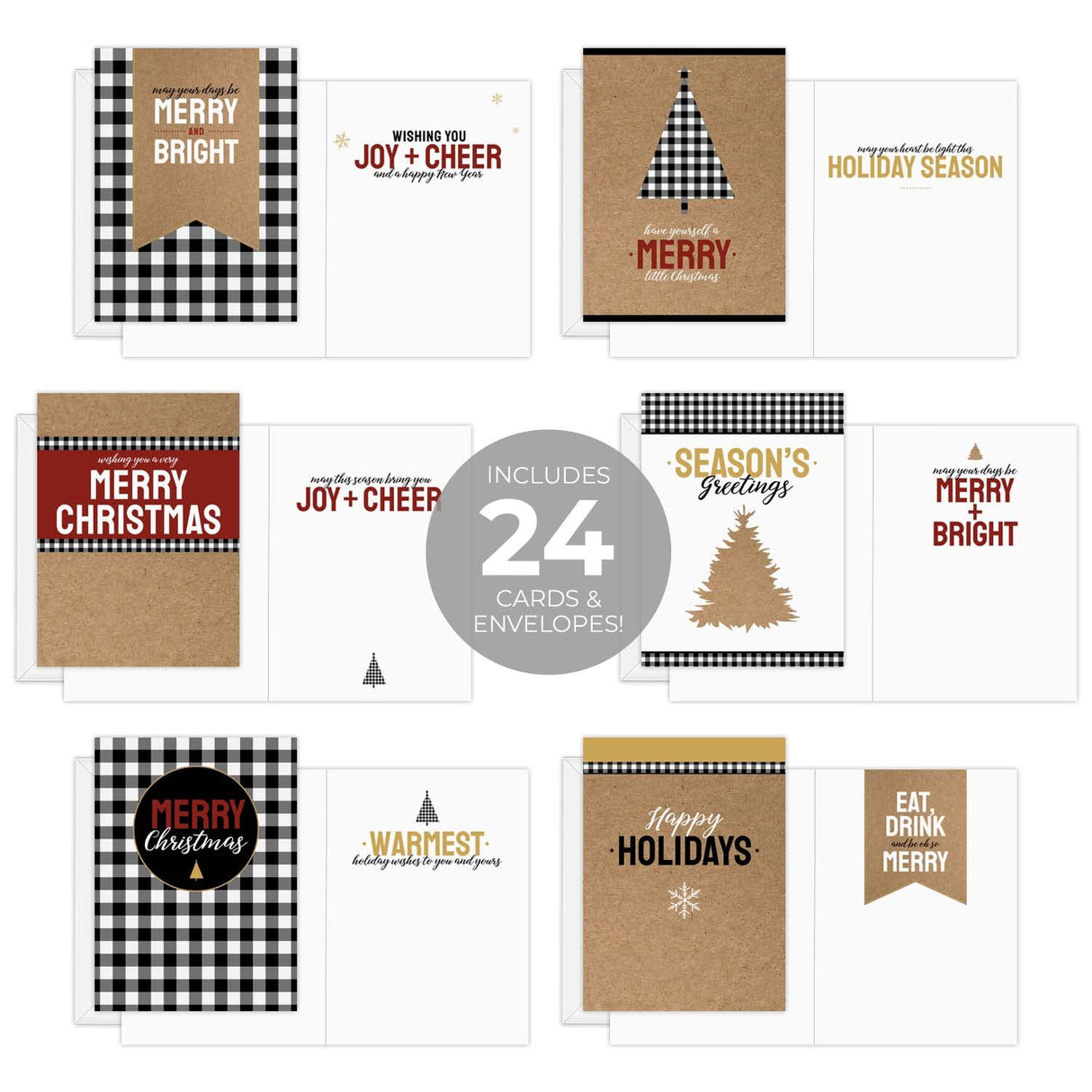 Painted Kraft Style Holiday Cards / 24 Modern Christmas Note Cards With White Envelopes / 4 5/8" x 6 1/4" Illustrated Faux Kraft Greeting Cards / 6 Cheery Winter Designs/Made In The USA