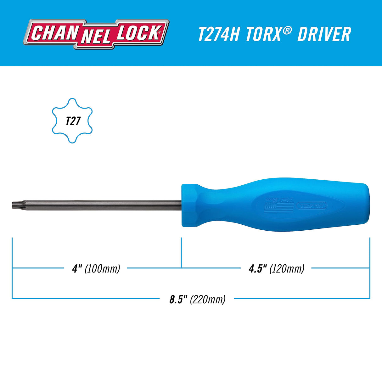 CHANNELLOCK T274H T27 x 4-inch Professional Torx Screwdriver, Magnetic Tip, Made in USA, Molded Tri-Lobe Grip