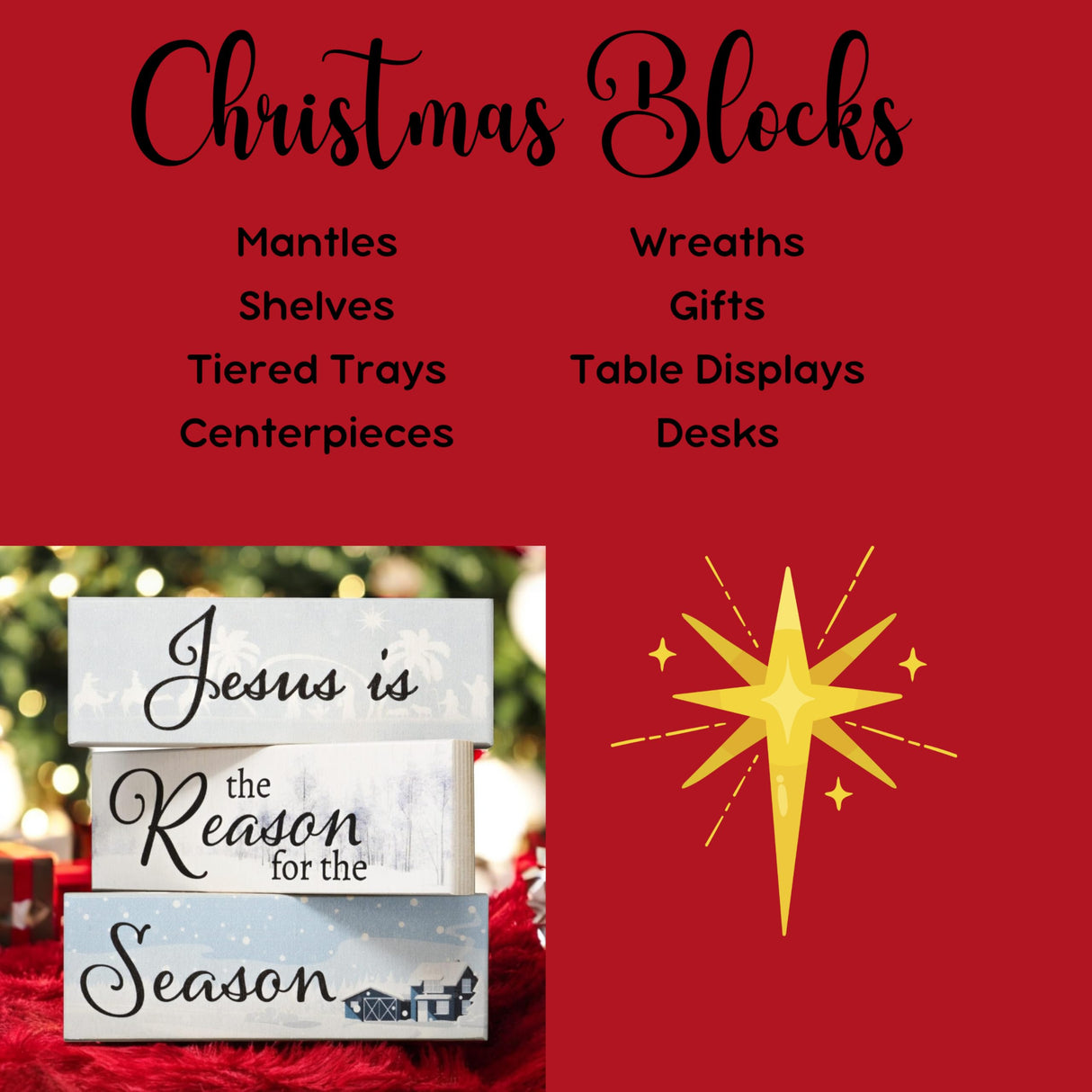 Jesus is the Reason for the Season Mini Wood Block Set - 3pc Christmas Decor, Religious Holiday Decorations, Tiered Tray & Shelf Display, Made in USA