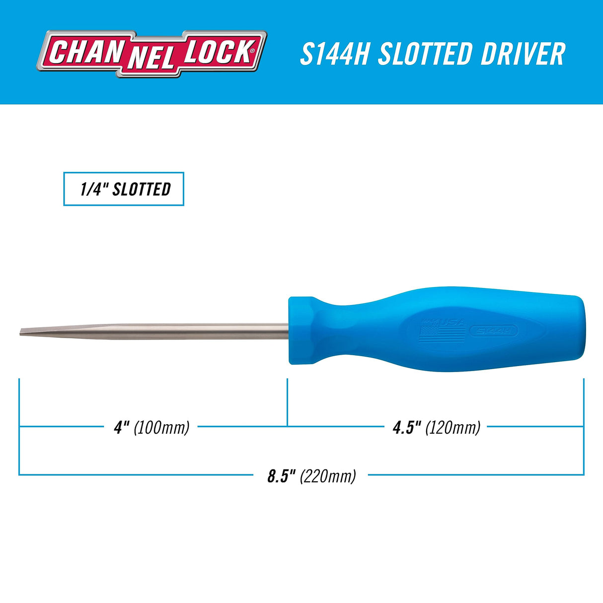 CHANNELLOCK S144H 1/4 x 4-inch Professional Slotted Screwdriver, Magnetic Tip, Made in USA, Molded Tri-Lobe Grip