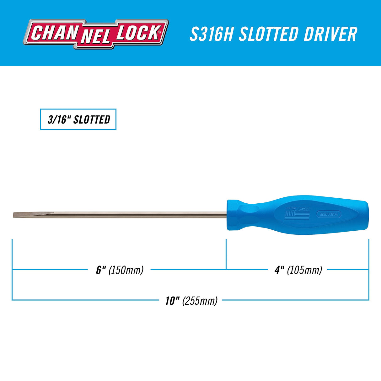 CHANNELLOCK S566H 5/16 x 6-inch Professional Slotted Screwdriver, Magnetic Tip, Made in USA, Molded Tri-Lobe Grip