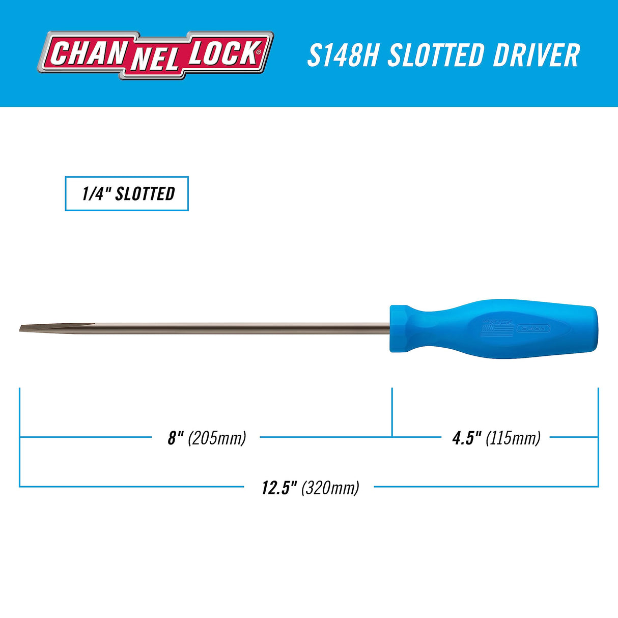 CHANNELLOCK S144H 1/4 x 4-inch Professional Slotted Screwdriver, Magnetic Tip, Made in USA, Molded Tri-Lobe Grip