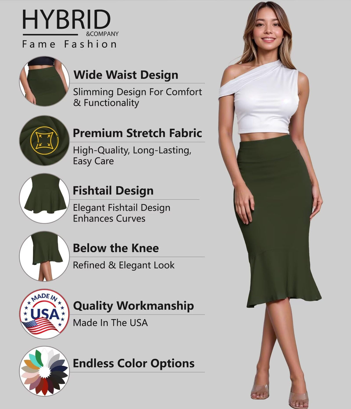 Hybrid & Company Womens Premium Nylon Ponte Stretch Office Fishtail Pencil Skirt High Waist Made in The USA Below Knee