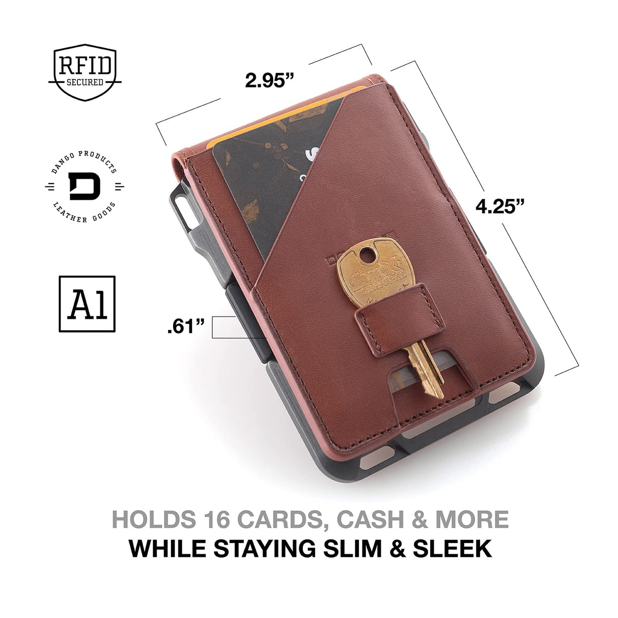Dango Slim Minimalist Wallet for Men - RFID Blocking - Leather- Bifold, Rawhide/Raw Aluminum