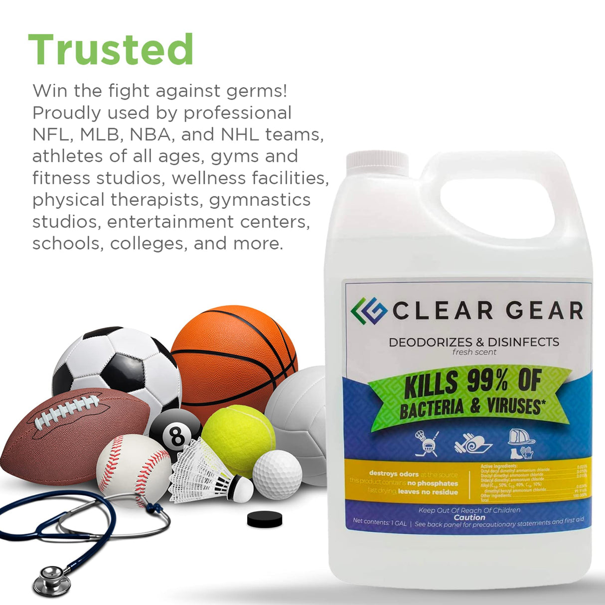 Disinfectant, Cleaner, and Deodorizer for Sports Equipment, Gyms, and Fitness Centers - EPA-Registered, Hospital Grade, Made in USA - 1 Gallon Bottle