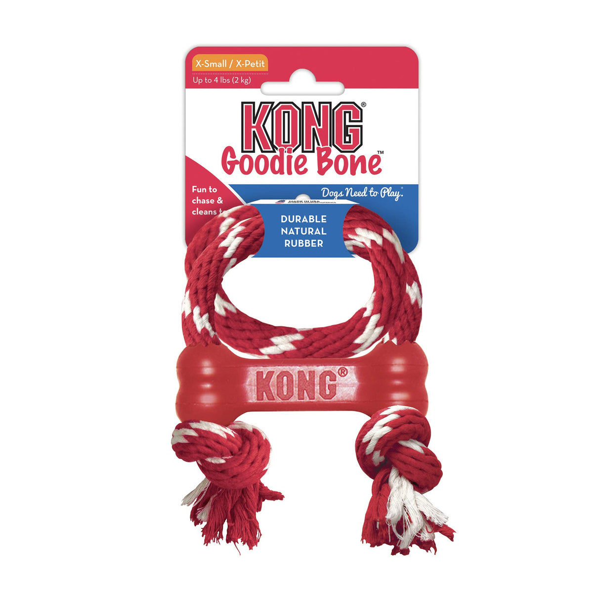 KONG Goodie Bone with Rope - Classic Durable Natural Rubber Dog Bone, Supports Mental Engagement - Treat Dispensing - Red - for Medium Dogs