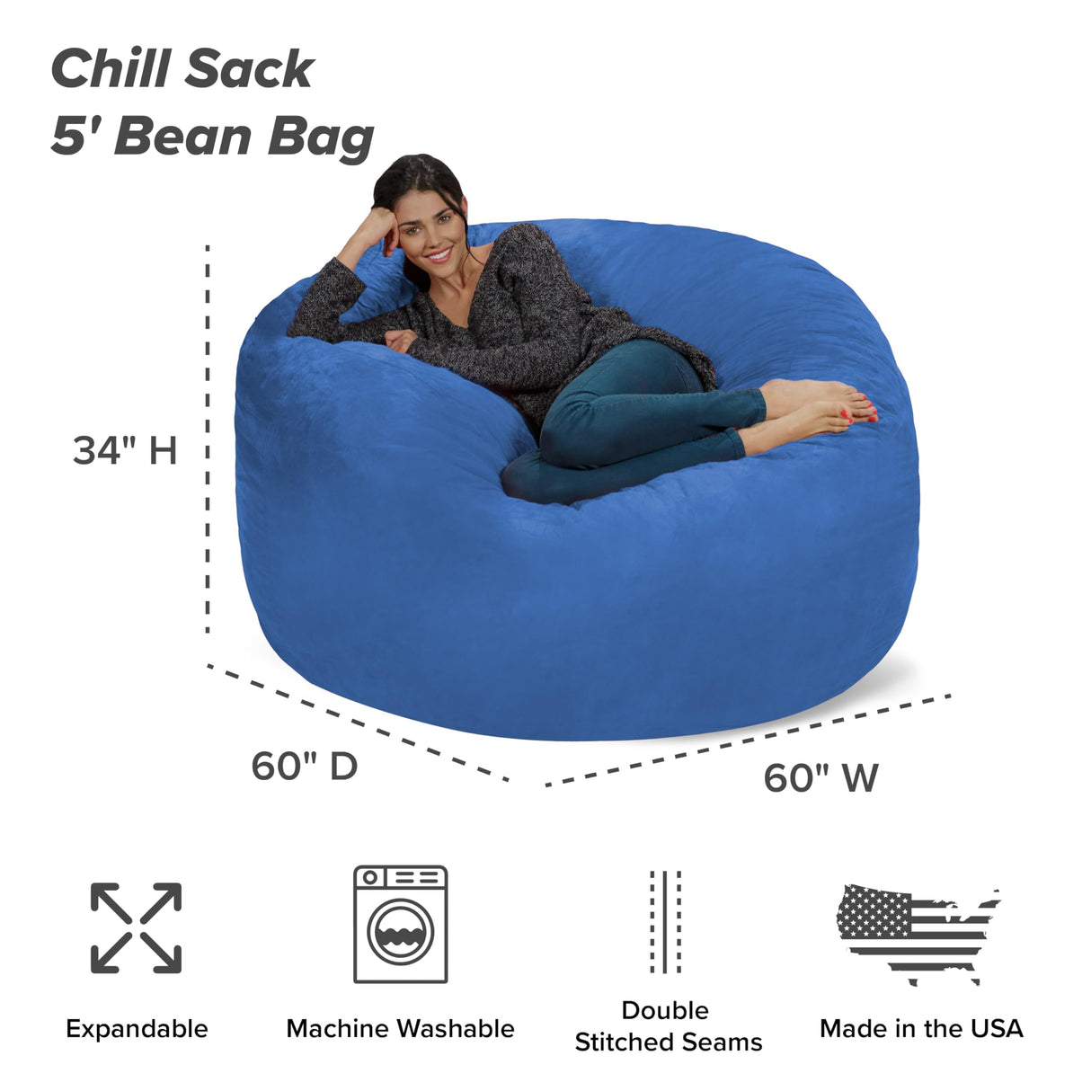 Chill Sack Bean Bag Chair: Giant 5' Memory Foam Furniture Bean Bag - Big Sofa with Soft Micro Fiber Cover - Black