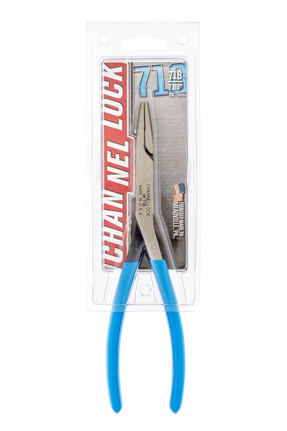 Channellock 718 8-Inch Flat Nose Pliers | Duckbill Jaw Pliers with Extra Long Nose and Crosshatch Teeth Pattern Designed for Hard-to-Reach Places | Forged of High Carbon Steel | Made in the USA