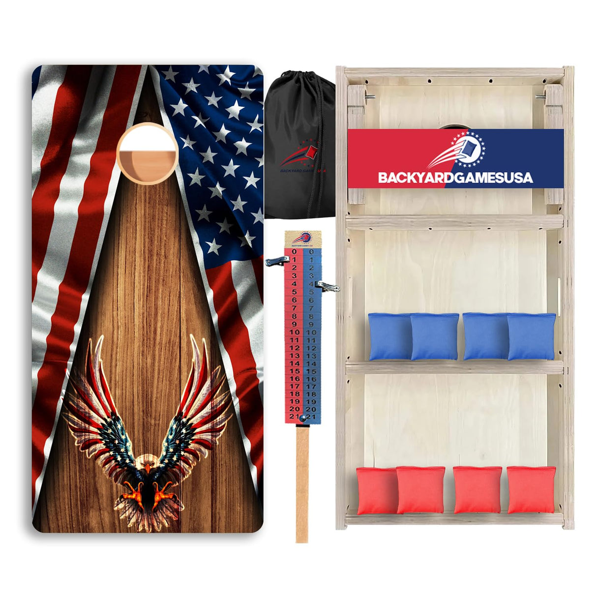 BackYardGamesUSA Pro Cornhole Boards Set | Made in USA | 3/4 Baltic Birch | No Bounce | Triple Thick Legs | Two Brace & Handles, Tournament 2x4 Regulation Set with Score Tower & Cornhole Bags