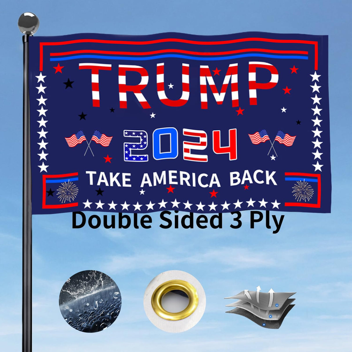 Trump 2024 Flag 3x5 FT Outdoor Made in USA Double Sided 3 Ply, Large Donald Trump Flags 2024 Take America Back Flag, Heavy Duty Trump Garden Banner UV Protection Fade Resistant