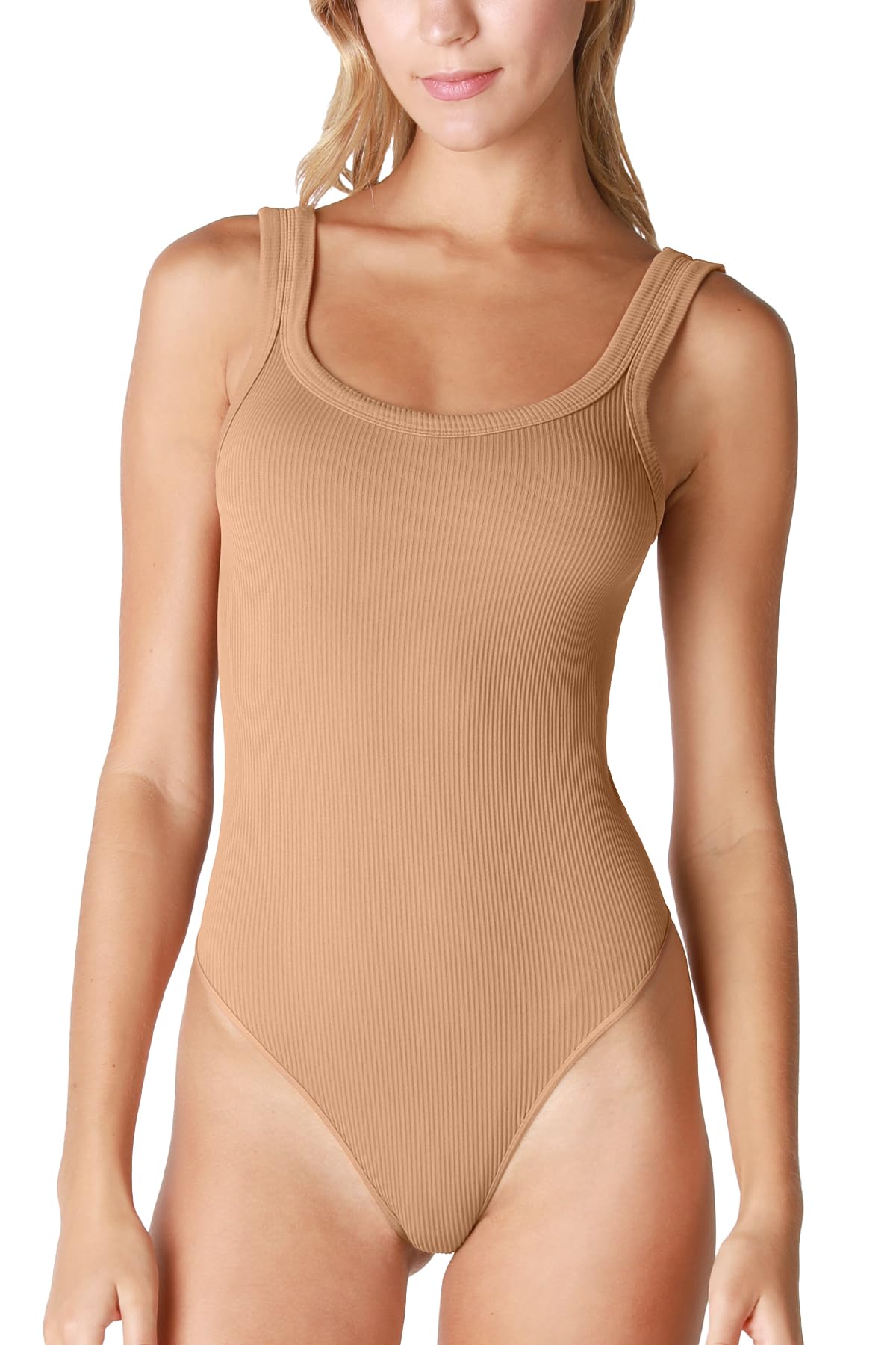 NIKIBIKI Women Seamless Ribbed Scoop Neck & Back Bodysuit, Made in U.S.A, One Size