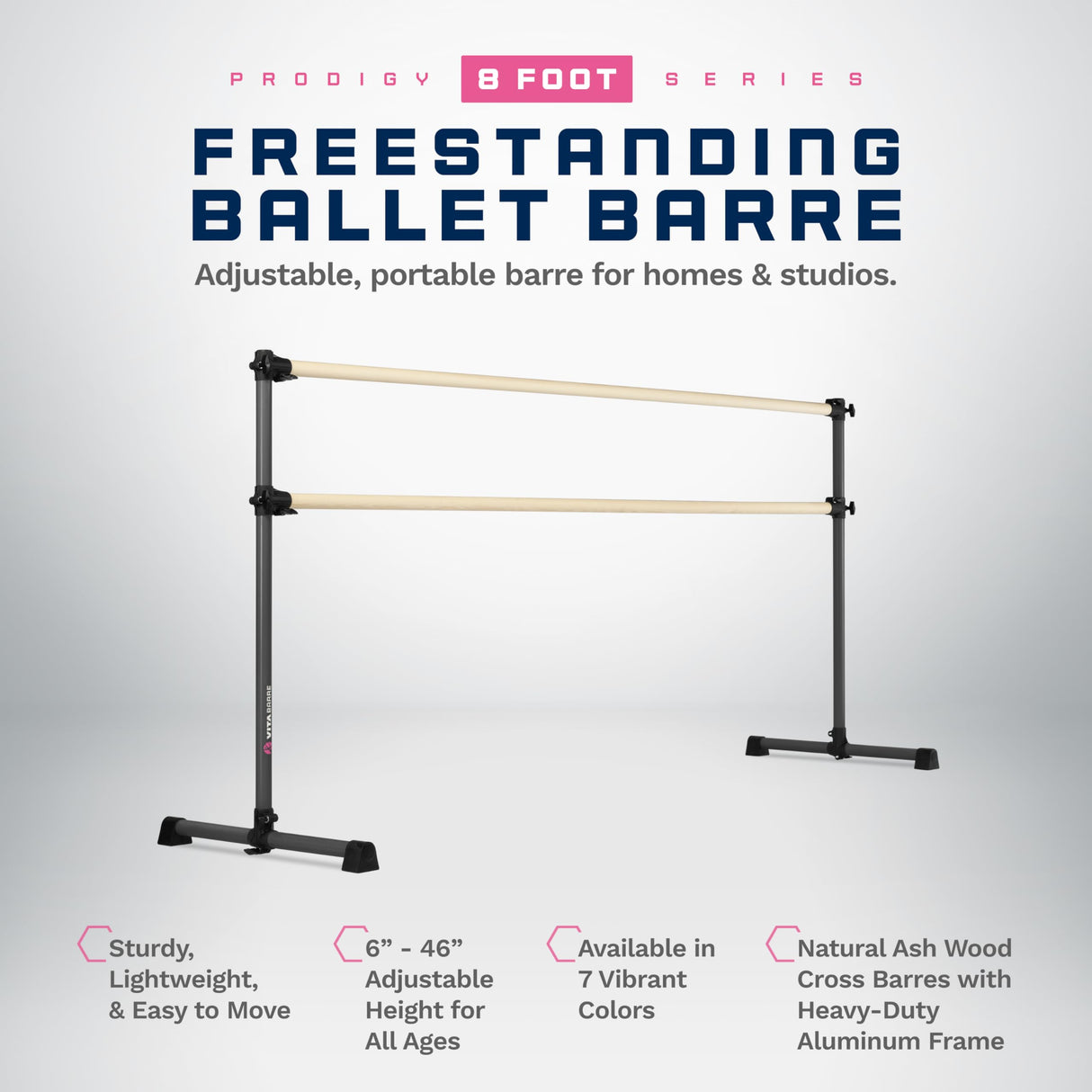 VITA Barre Portable Freestanding Double Ballet Barre, Prodigy, Wood | Adjustable Height, USA Made, Home or Gym Exercise Equipment for Kids & Adults | Dance, Fitness, Pilates
