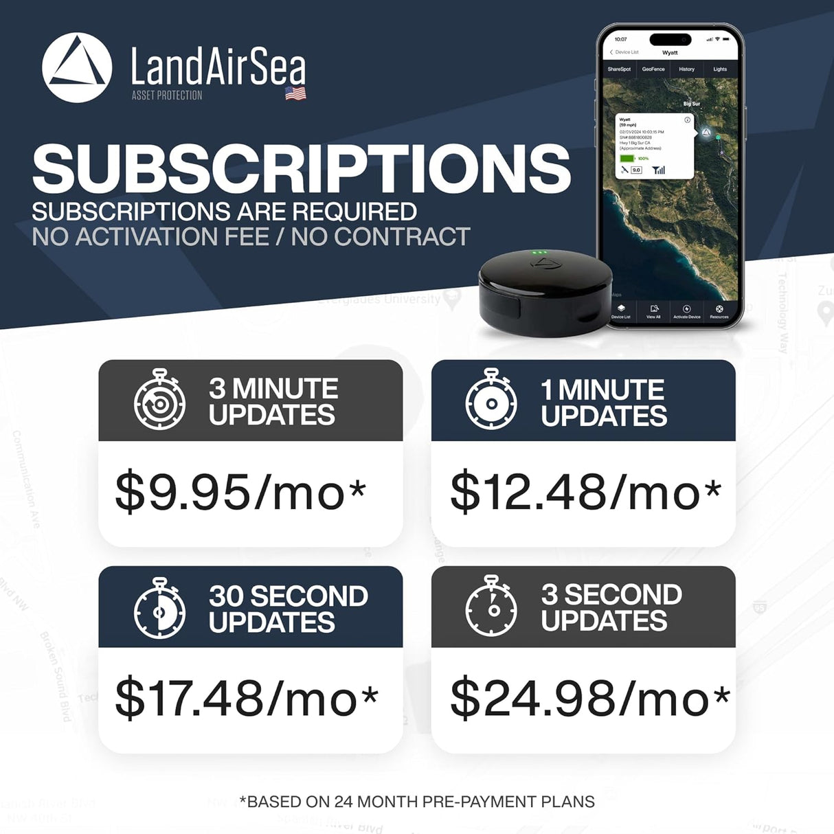 LandAirSea 54 GPS Tracker (2024 Version) - Long Battery, Magnetic, & Waterproof. Global GPS Tracker for Vehicles. Made in The USA from Domestic & Imported Parts. Subscription is Required.