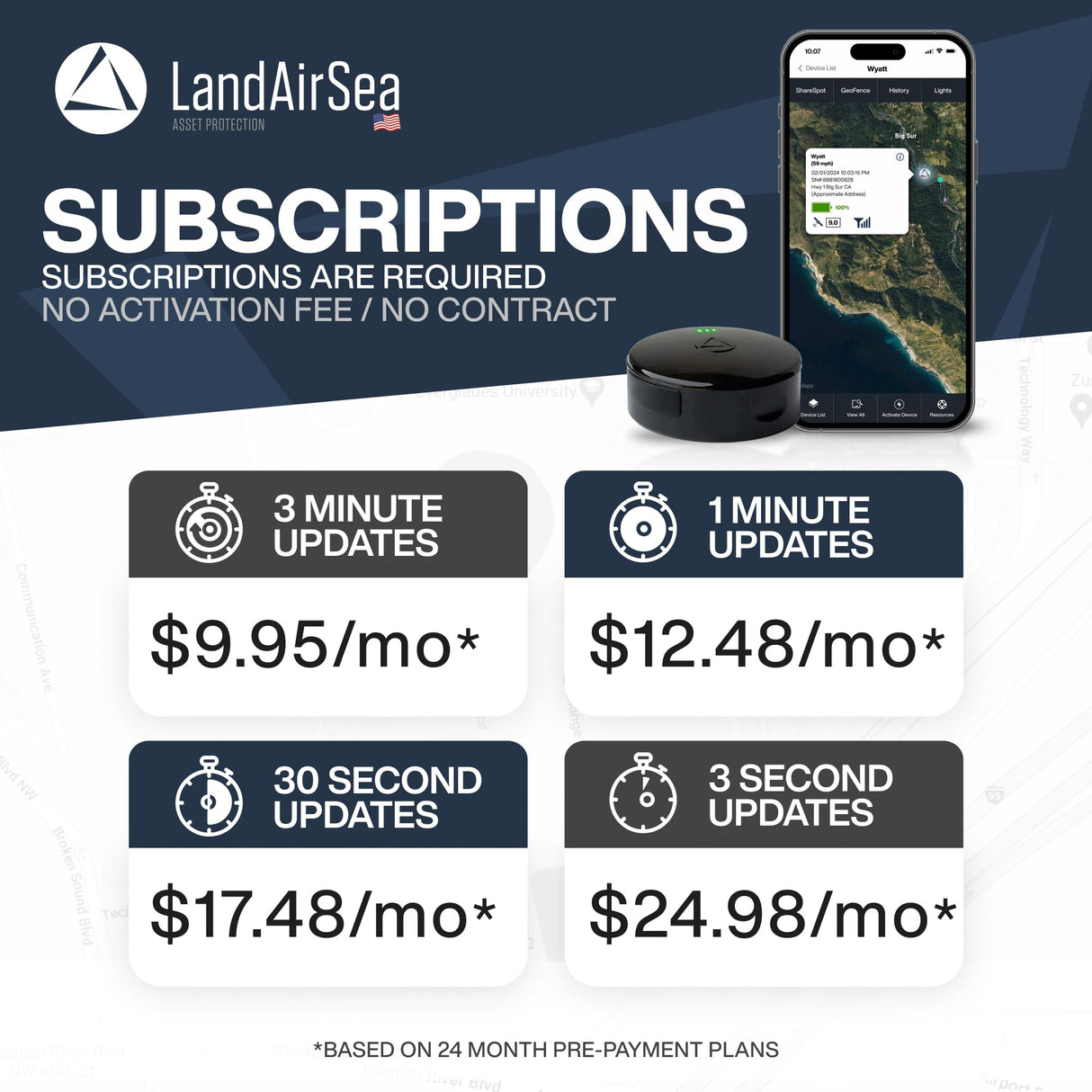 LandAirSea 54 GPS Tracker + 6-Months No Subscription. Long Battery, Magnetic, & Waterproof. Global GPS Tracker for Vehicles. Made in The USA from Domestic & Imported Parts