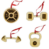 Wooden Weightlifting Christmas Tree Ornament 4 Piece Set, Including Weight Plate, Barbell, Kettlebell, and Dumbbell, Laser Etched, Made in The USA, Weightlifting Gift, Fitness Ornament