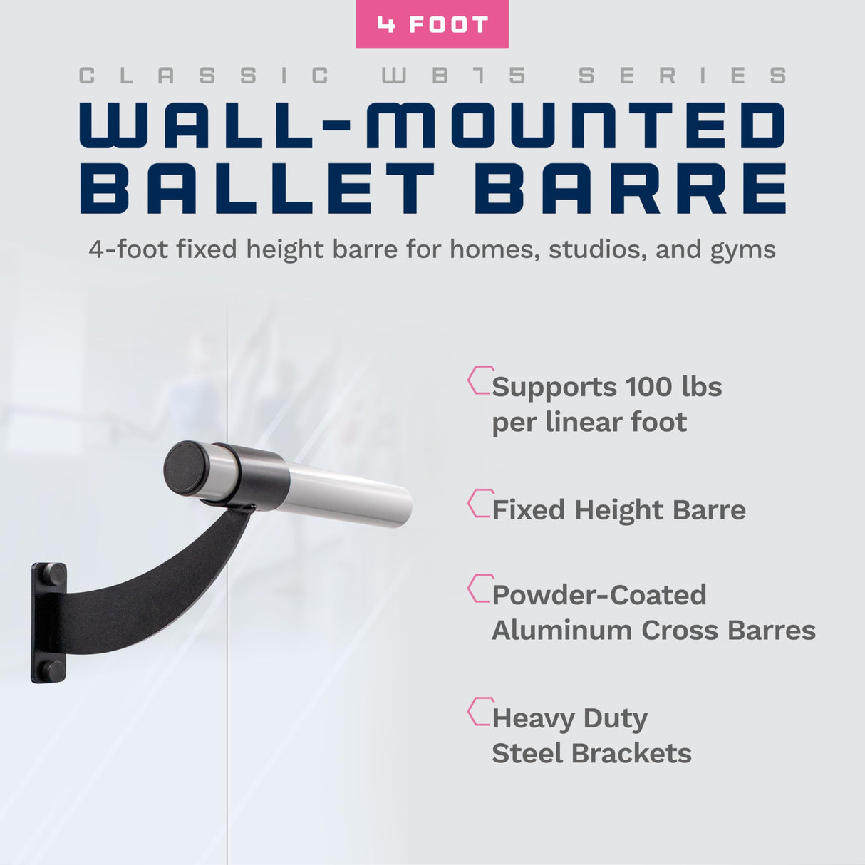 Wall-Mounted Single Ballet Barre, Classic WB15, Aluminum | Fixed Height, Made in USA, Home, Studio or Gym Exercise Equipment for Kids & Adults | Dance, Fitness, Pilates