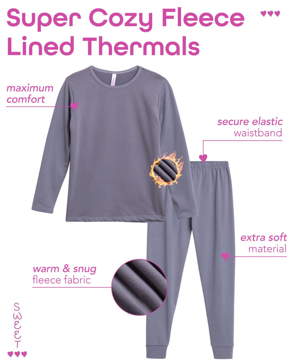 Sweet Hearts Thermal Underwear Set – 2 Piece Fleece Lined Top and Long Johns - Performance Base Layer Set: Made in USA