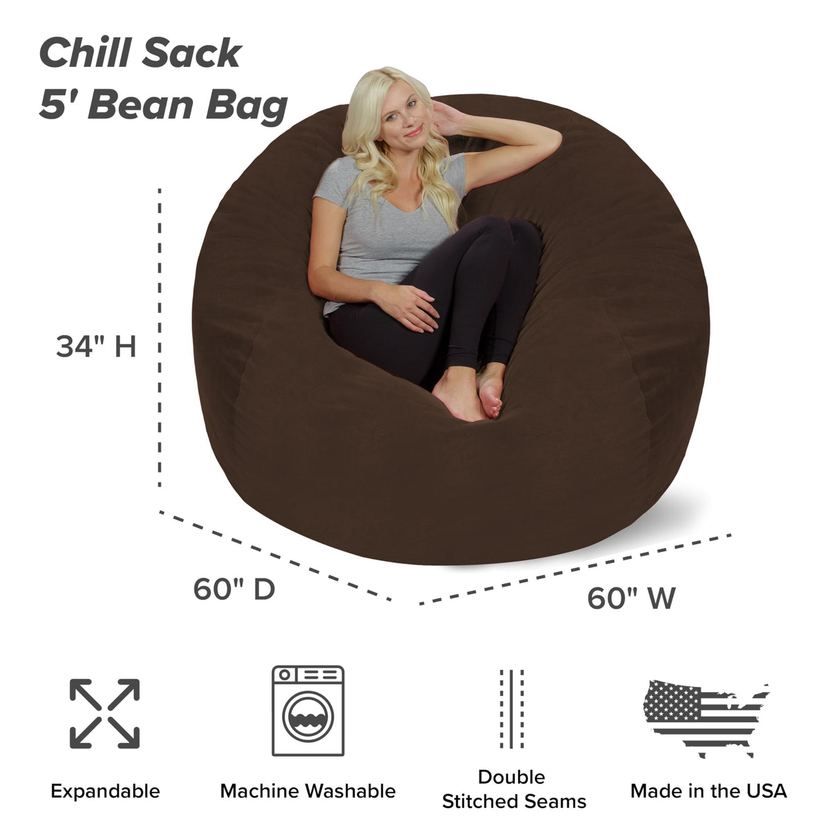 Chill Sack Bean Bag Chair: Giant 5' Memory Foam Furniture Bean Bag - Big Sofa with Soft Micro Fiber Cover - Black