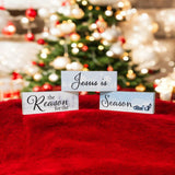 Jesus is the Reason for the Season Mini Wood Block Set - 3pc Christmas Decor, Religious Holiday Decorations, Tiered Tray & Shelf Display, Made in USA