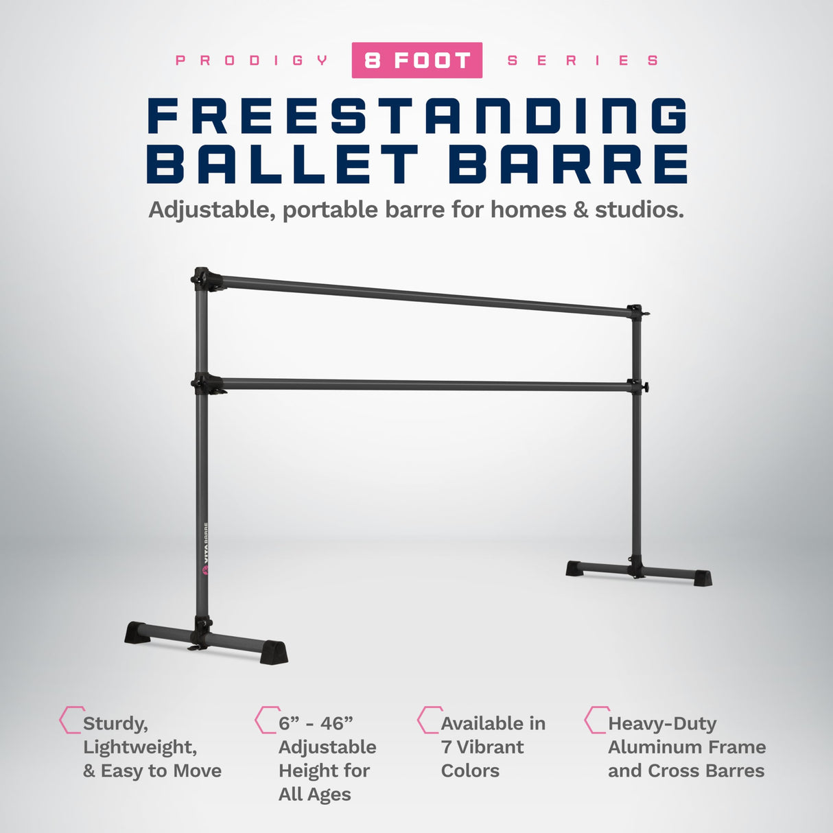 VITA Barre Portable Freestanding Double Ballet Barre, Prodigy, Aluminum | Adjustable Height, USA Made, Home or Gym Exercise Equipment for Kids & Adults | Dance, Fitness, Pilates