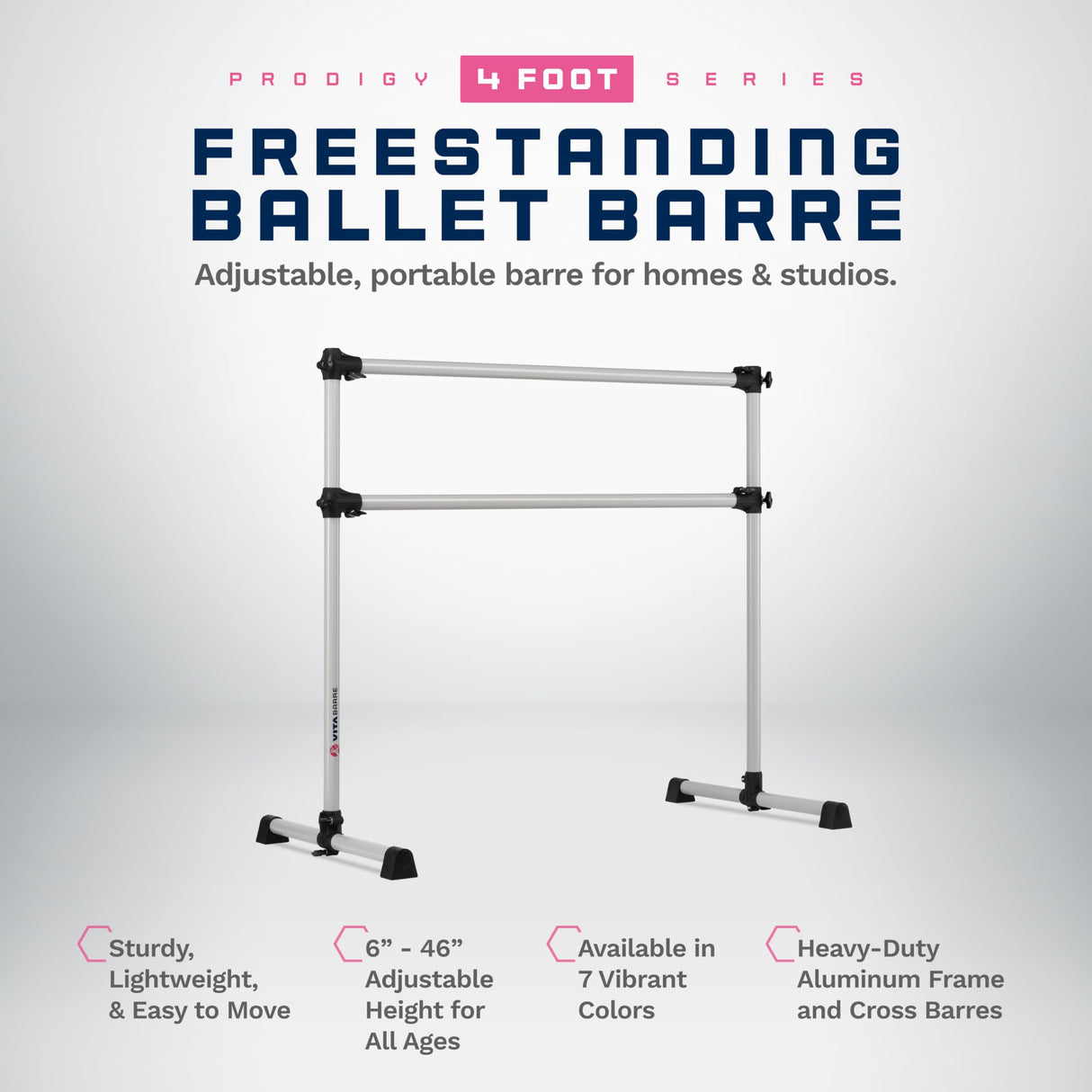 VITA Barre Portable Freestanding Double Ballet Barre, Prodigy, Aluminum | Adjustable Height, USA Made, Home or Gym Exercise Equipment for Kids & Adults | Dance, Fitness, Pilates