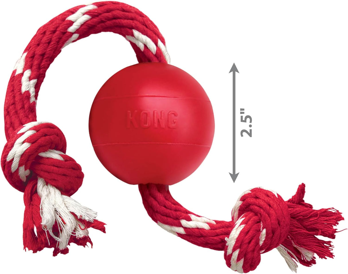 KONG Ball with Rope - Dog Fetch Toy with Rope for Easy Throwing - Durable Dog Ball Toy for Tug, Playtime & More - Natural Rubber Ball Rope Toy for Dogs - Red, For Small Dogs