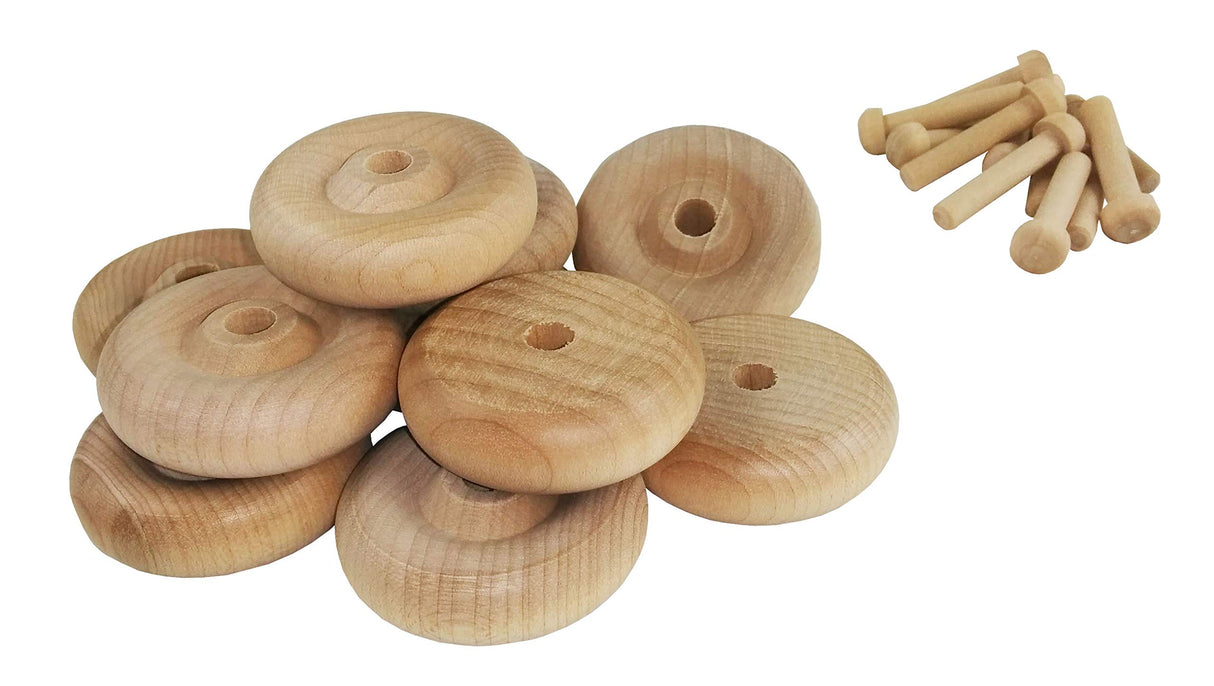 Wood Wheels - 12 Pack with Free Axle Pegs - Made in USA (1.5" Diameter)