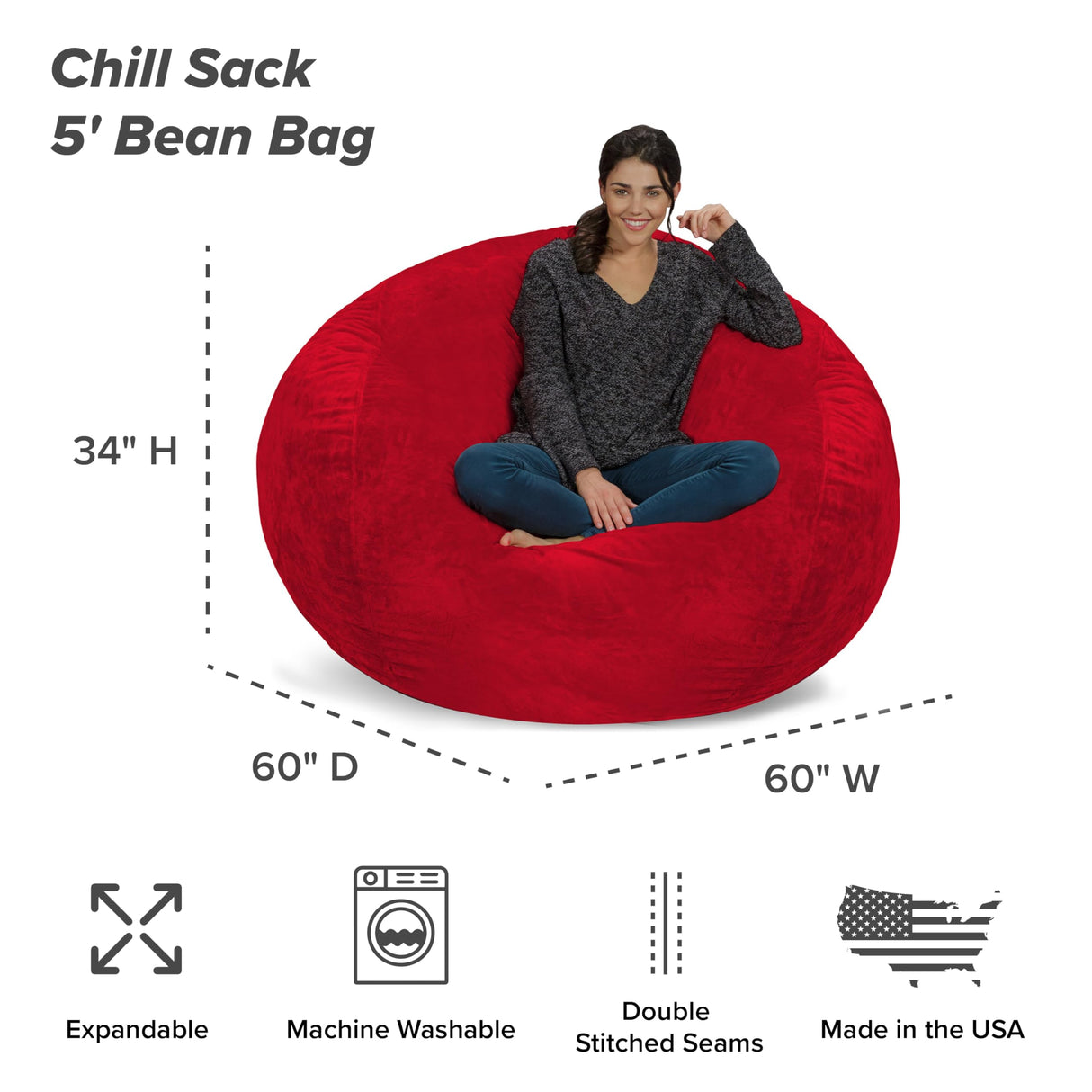 Chill Sack Bean Bag Chair: Giant 5' Memory Foam Furniture Bean Bag - Big Sofa with Soft Micro Fiber Cover - Black