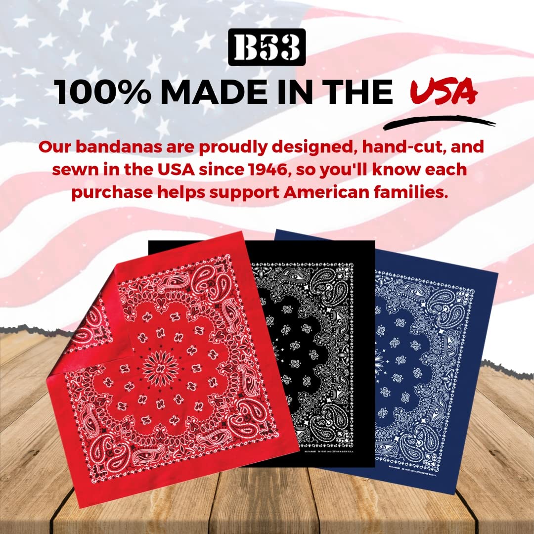 B53 100% Cotton Paisley Bandanas Made in the USA - Stylish Headband, Handkerchief, Scarf - 21 inch x 21 inch